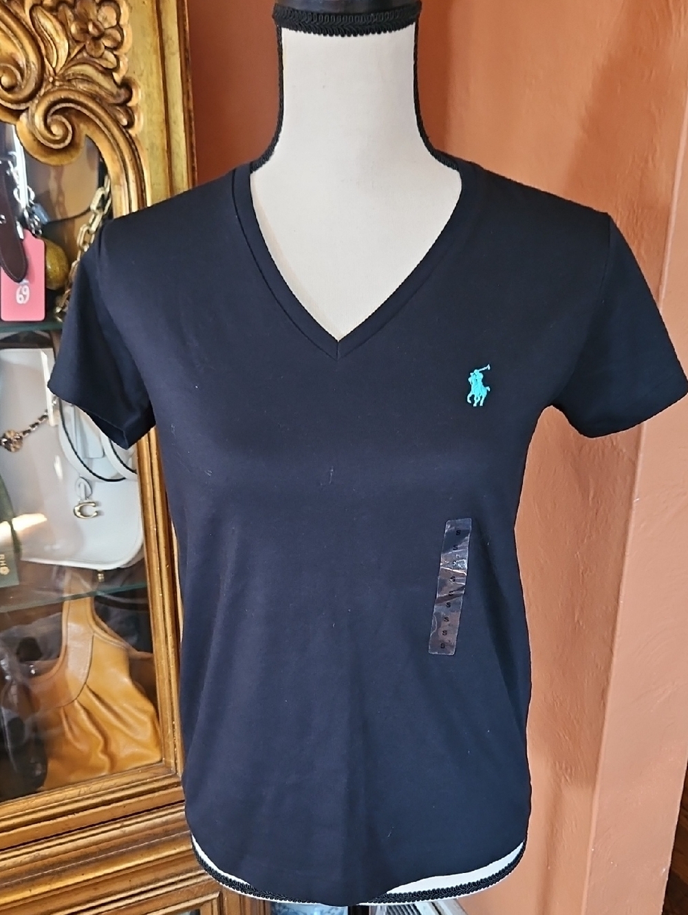 Ralph Lauren Navy V-Neck Tee with Aqua Pony
